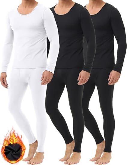 3 Pack Thermal Underwear for Men Long Johns Fleece Lined Soft and Warm Set Base Layer for Cold Weather