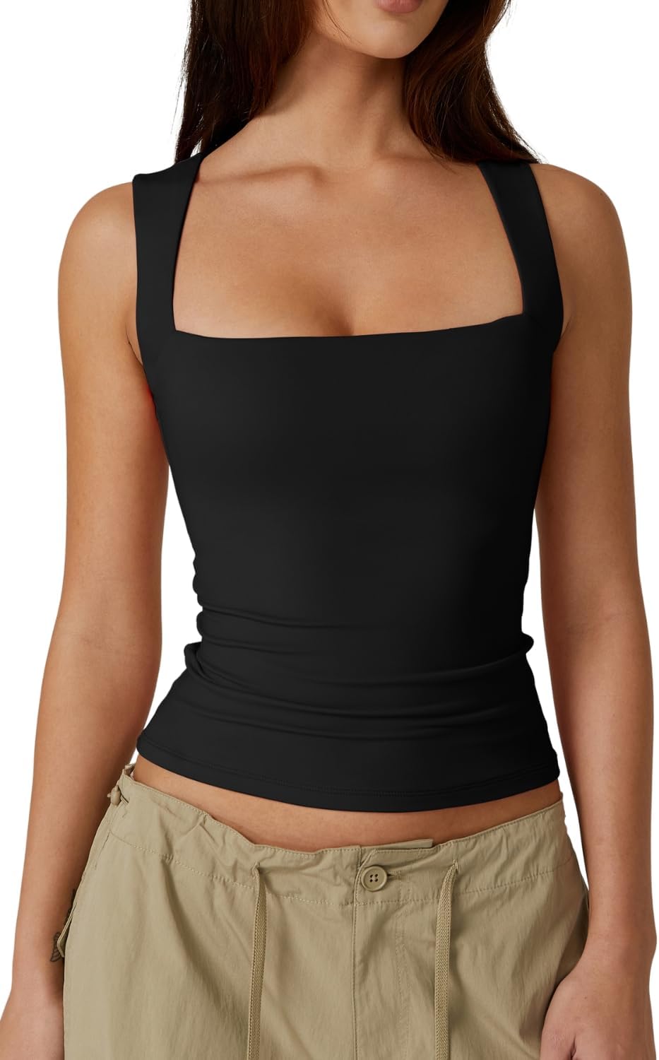 Women Square Neck Sleeveless Double-Layer Tank Tops Basic Tight T Shirts