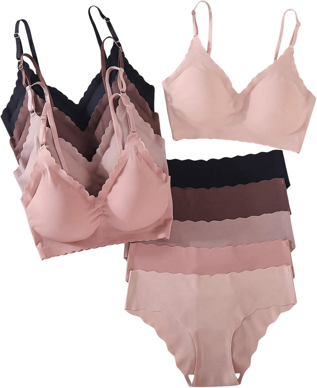 Women 5 Pack Seamless Lingerie Sets Scallop Trim Wireless s No Show Bra and Panty Sets Matching Underwear