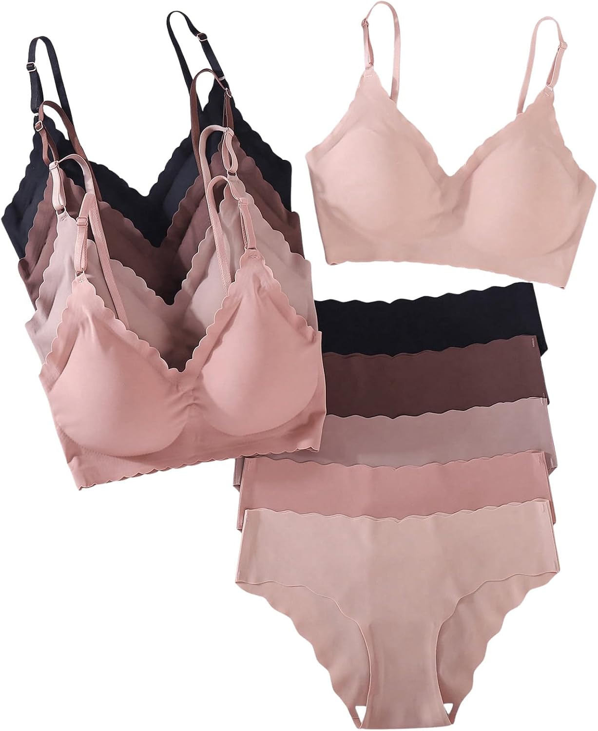 Women 5 Pack Seamless Lingerie Sets Scallop Trim Wireless s No Show Bra and Panty Sets Matching Underwear