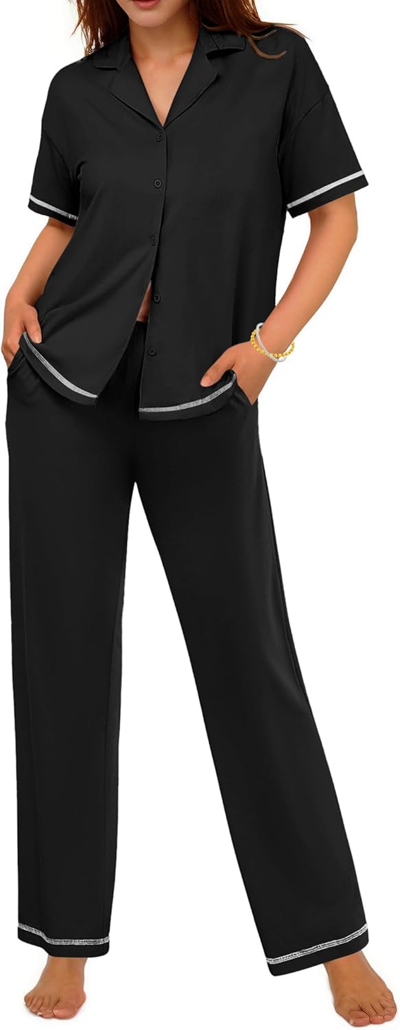 Cotton Pajamas Sets for Women 2 Piece Button Down Short Sleeve Pj Set with Long Pants Lounge Set Soft Sleepwear S-XXL
