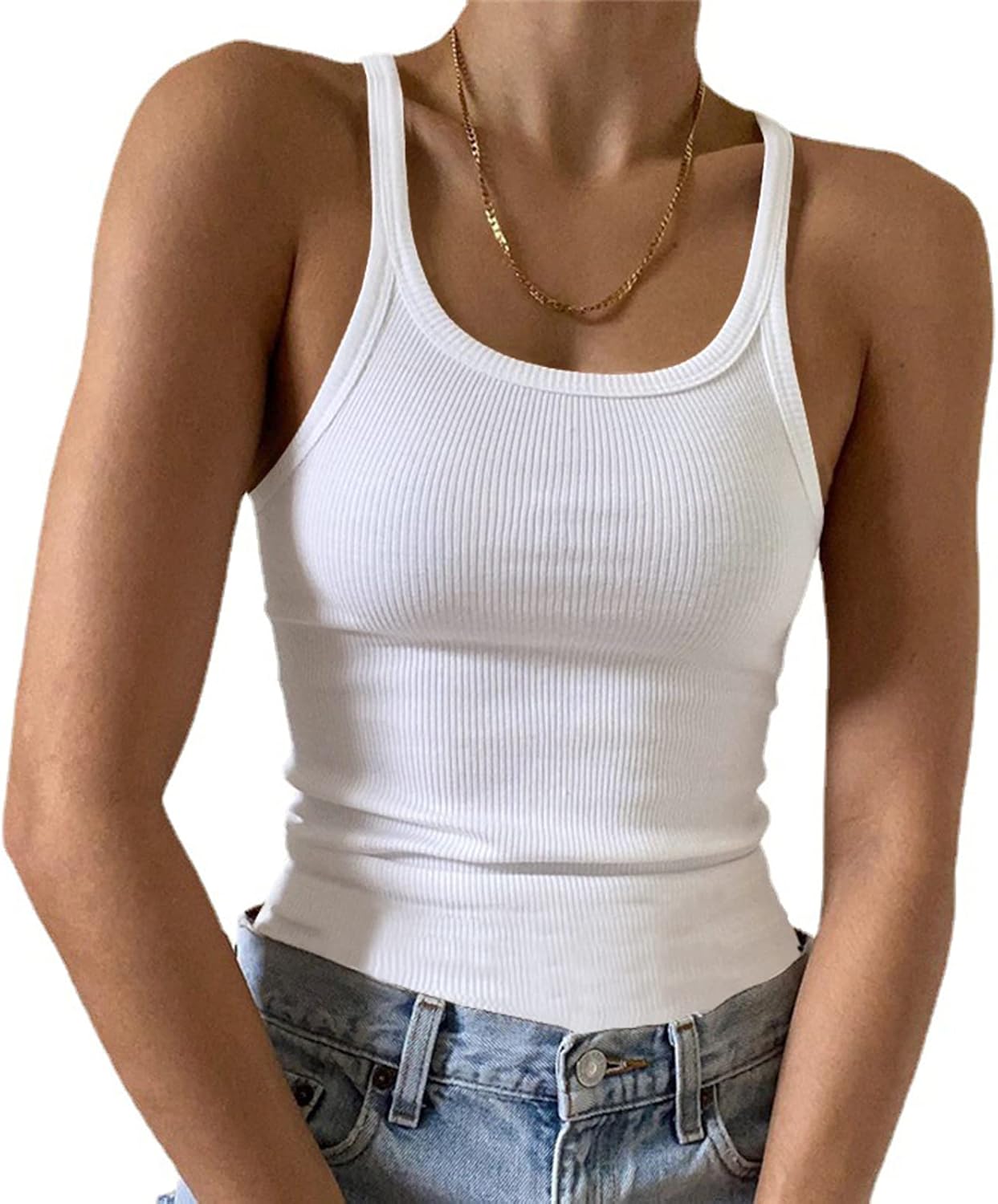 Women Sleeveless Tank Top Form Fitting Scoop Neck Ribbed Knit Basic Cami Shirts