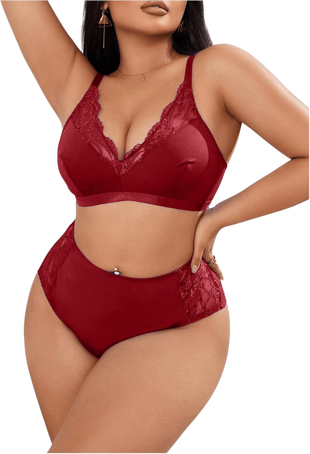 Women Plus Size Lingerie Set Deep V Wireless Bra and Panty Set Lace Boudoir Outfits 2 Piece