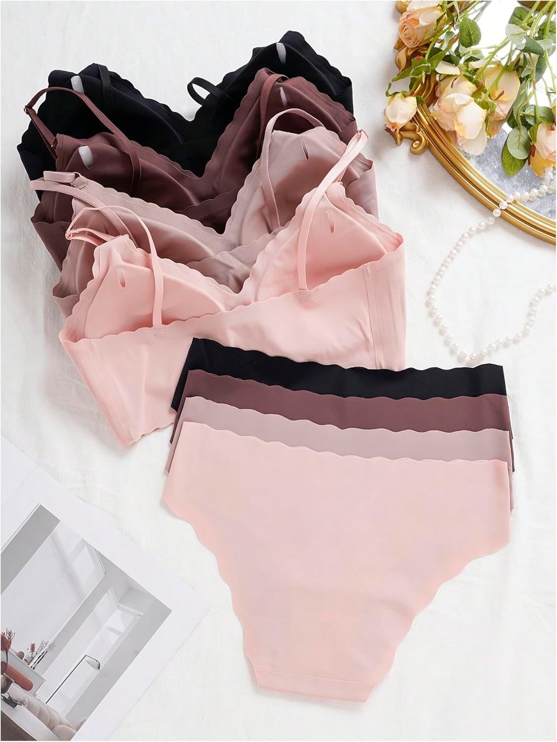 Women 8 Piece Seamless Lingerie Sets Scallop Trim Spaghetti Strap Bra and Panty Set