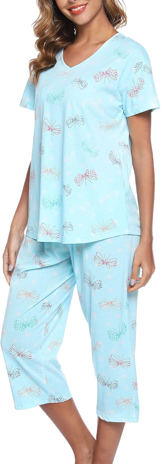 Women Pajama Sets Cotton Pj Set Short Sleeve Top With  Pants Sleepwear 2 Piece Lounge Set