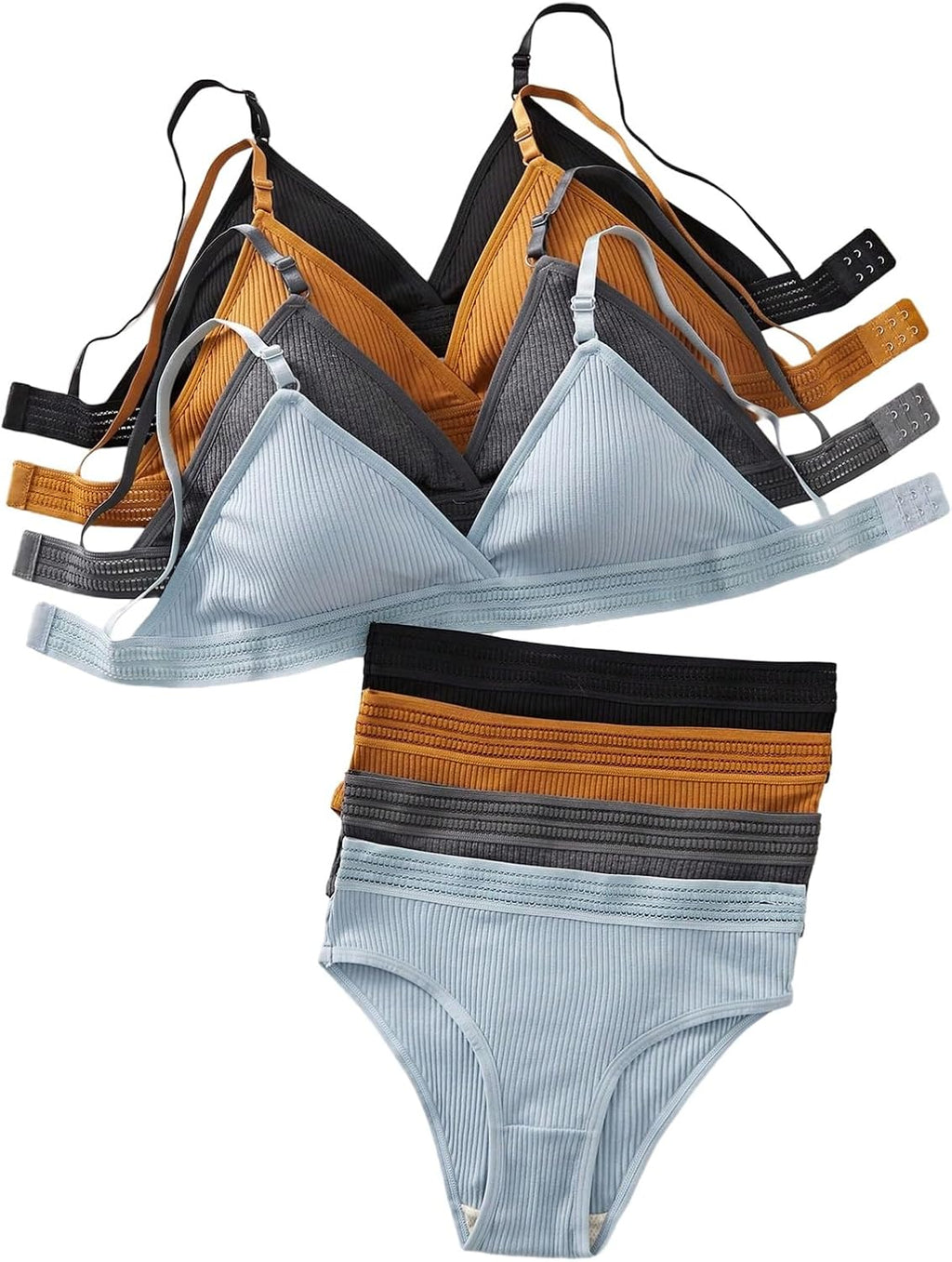 Women 4 Sets Ribbed Knit Lingerie Sets Wireless Bra and Panties Briefs Matching Underwear Sets