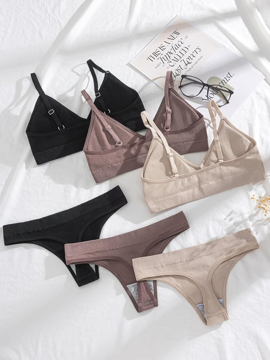 Women 6 Piece Ribbed Knit Lingerie Sets Seamless Wireless No Show Bra and Panty Thong Sets Matching Underwear Sets