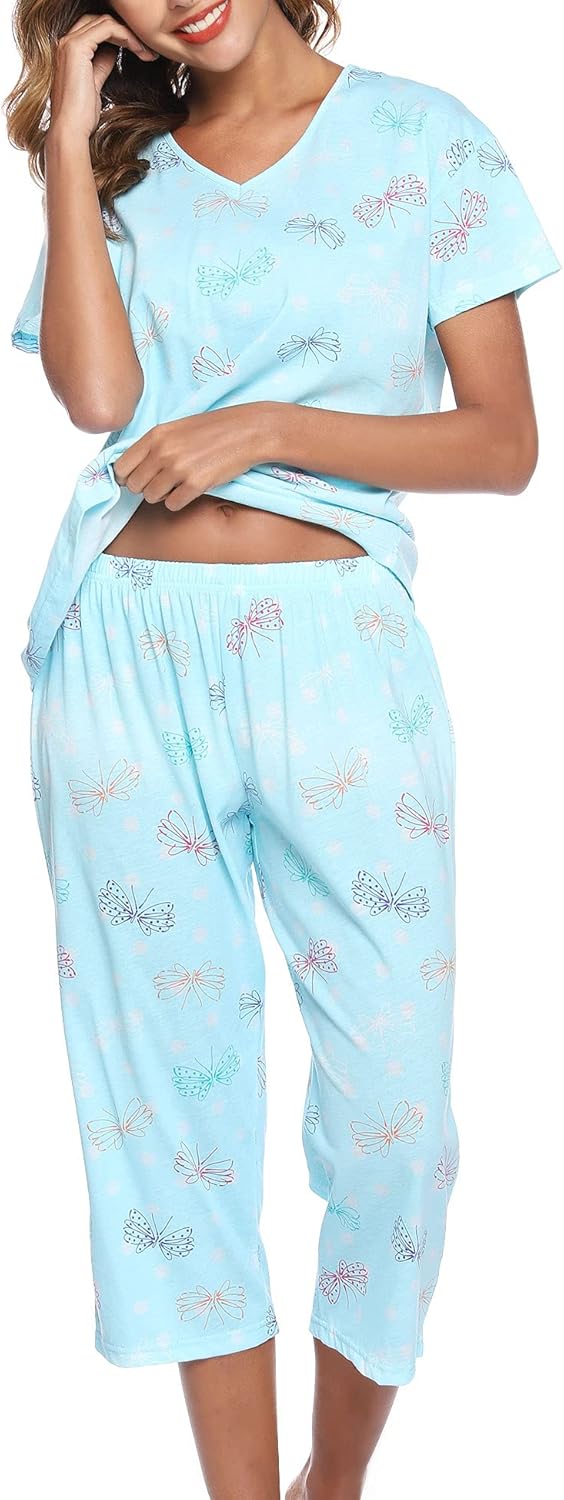 Women Pajama Sets Cotton Pj Set Short Sleeve Top With  Pants Sleepwear 2 Piece Lounge Set