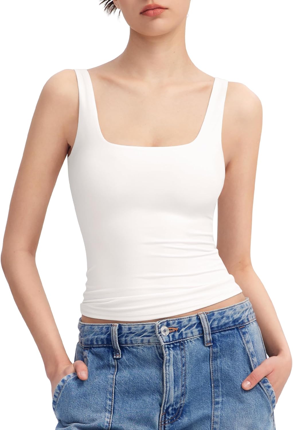 Women Square Neck Tank Top Sleeveless Double Lined Basic Tops  Collection