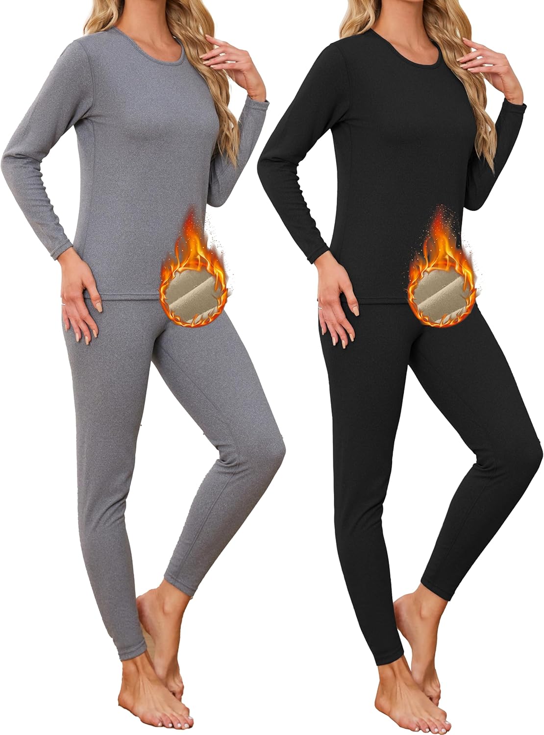 2 Sets Women Thermal Underwear Long  Double-Sided Fleece Lined Base Layer Top & Bottom Pajama for Cold Weather
