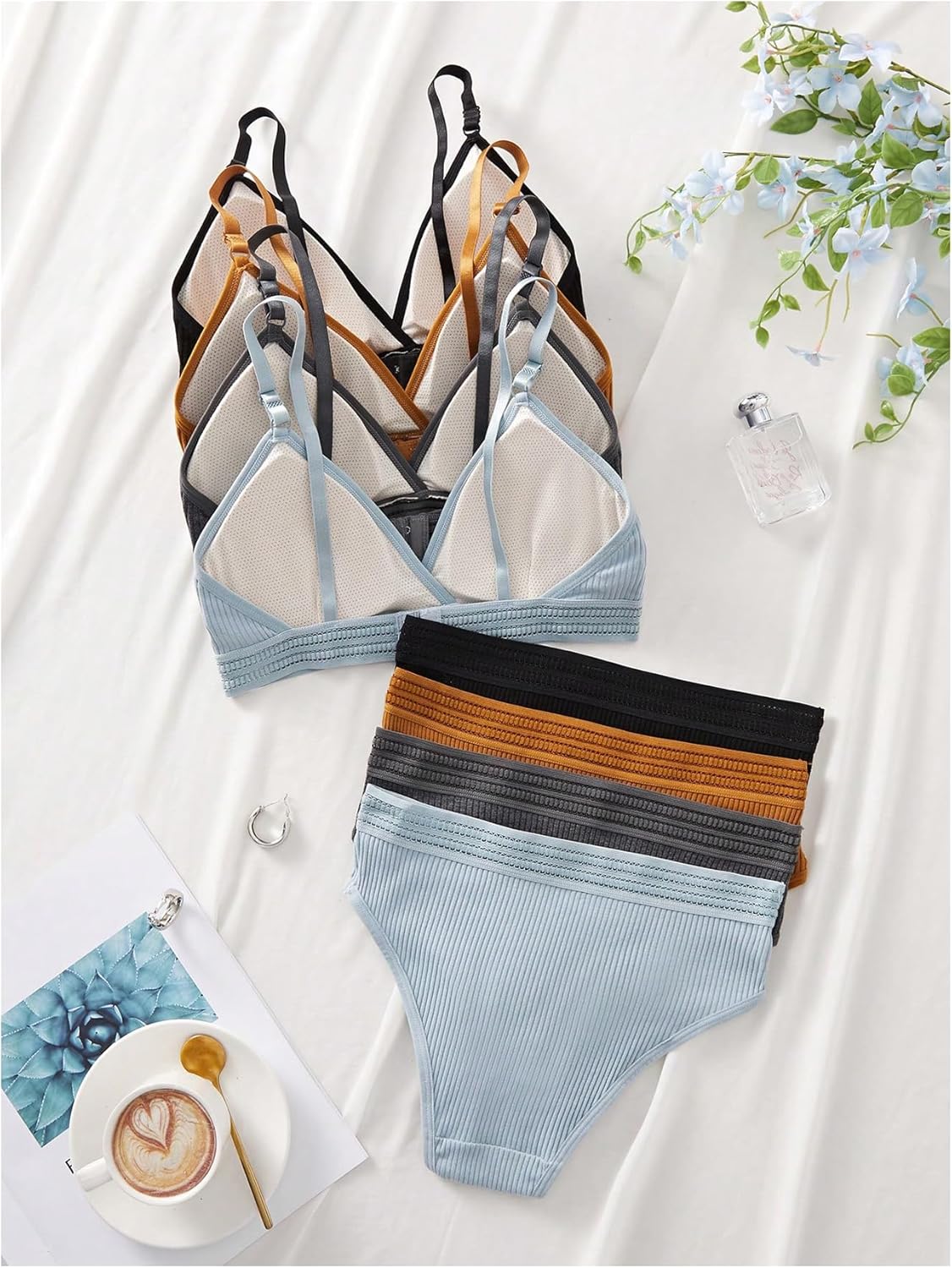 Women 4 Sets Ribbed Knit Lingerie Sets Wireless Bra and Panties Briefs Matching Underwear Sets