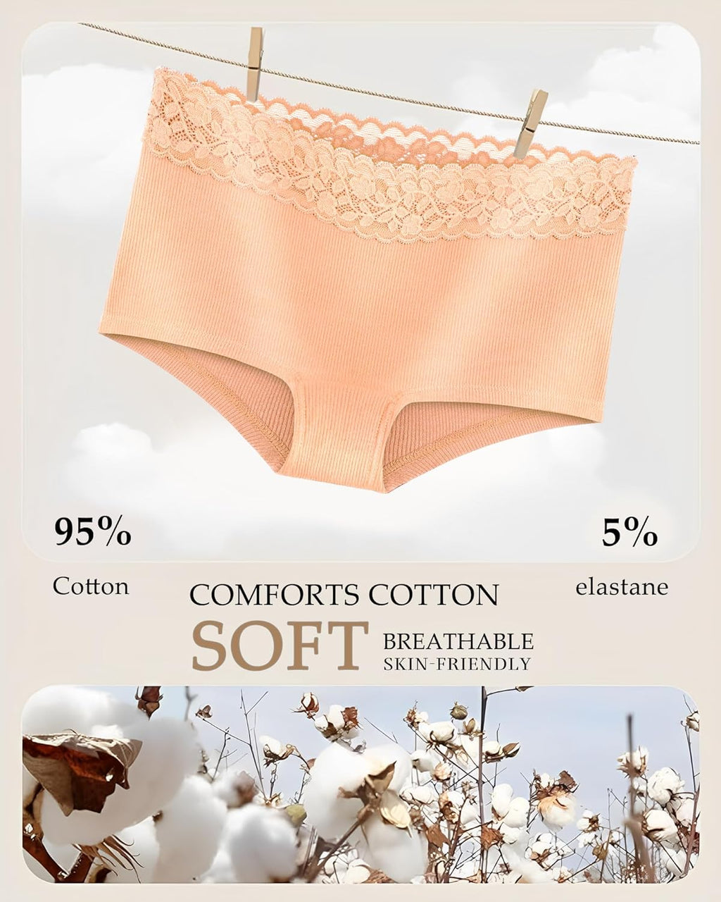 Cotton Underwear for Women Boy Shorts Lace Boxer Briefs Soft Full Coverage Women Panties 5 Pack S-XXL