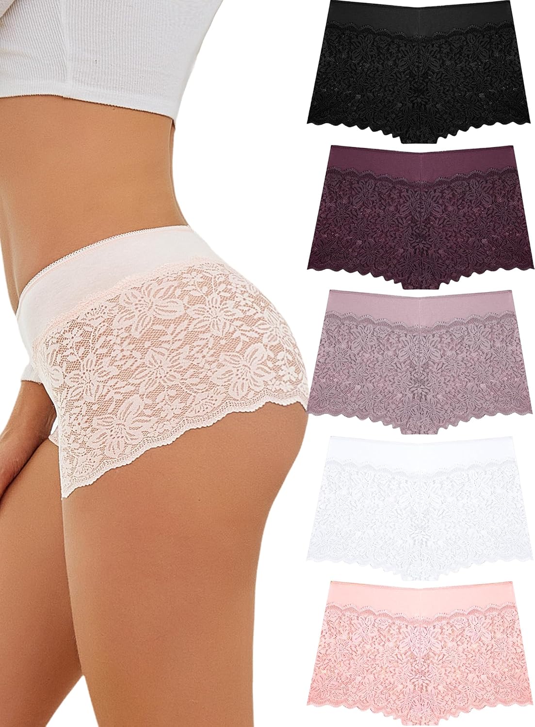 Women Underwear Lace Boy Shorts Breathable Panties Stretch Cotton Waistband Underwear Women 5 Pack