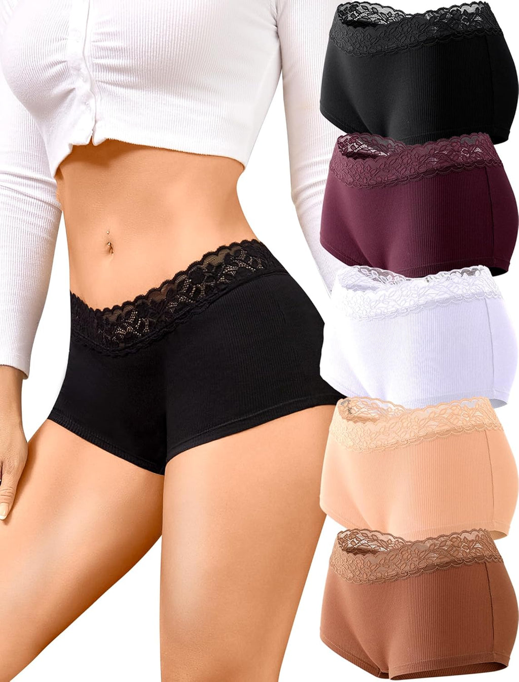 Cotton Underwear for Women Boy Shorts Lace Boxer Briefs Soft Full Coverage Women Panties 5 Pack S-XXL