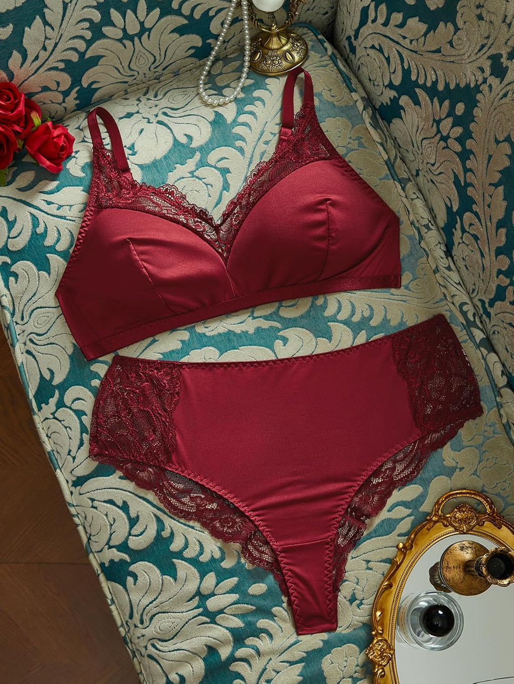 Women Plus Size Lingerie Set Deep V Wireless Bra and Panty Set Lace Boudoir Outfits 2 Piece