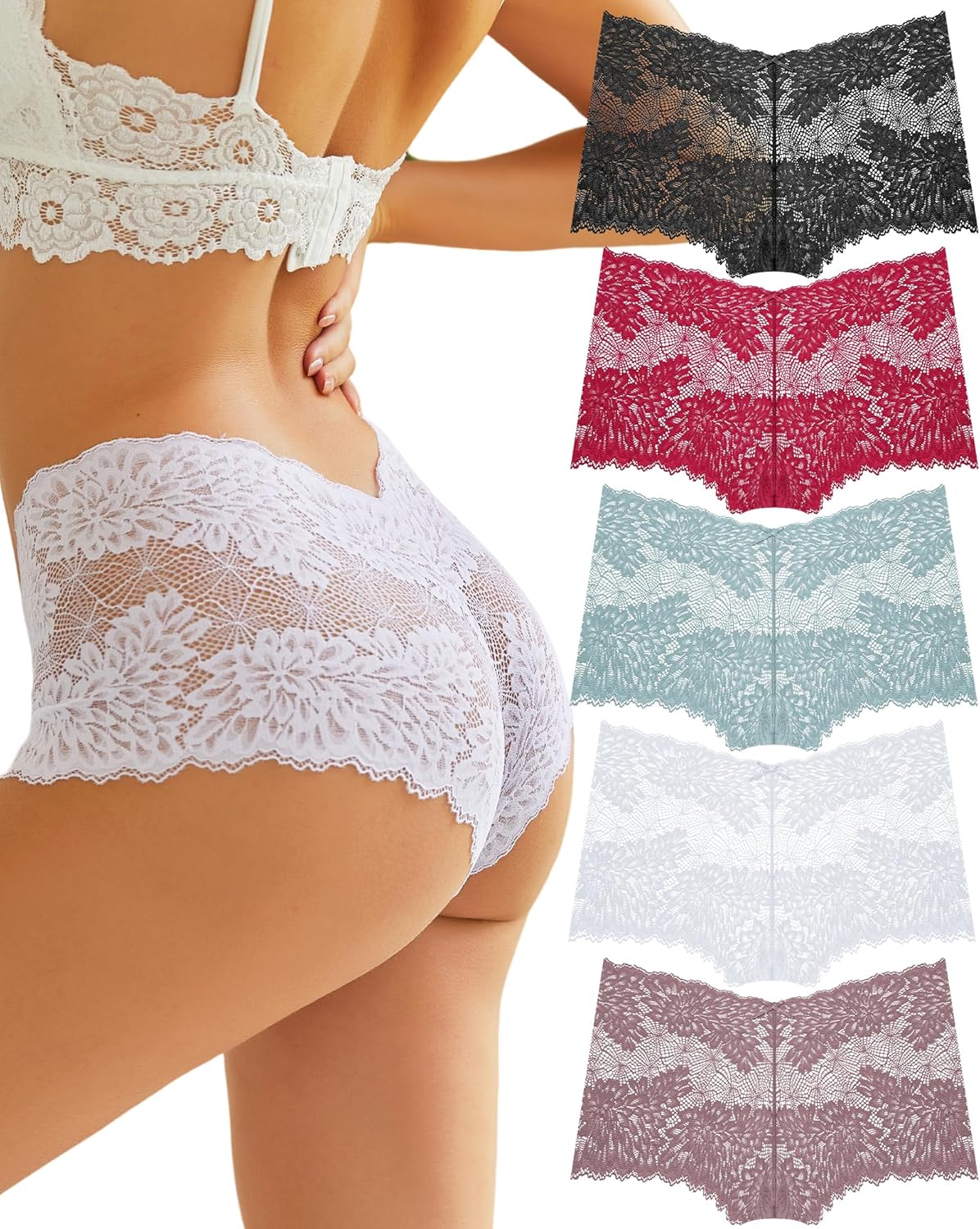 Women Underwear Sexy Lace Boy Shorts V-Waist Lightweight Seamless Soft  Panties 5 Pack