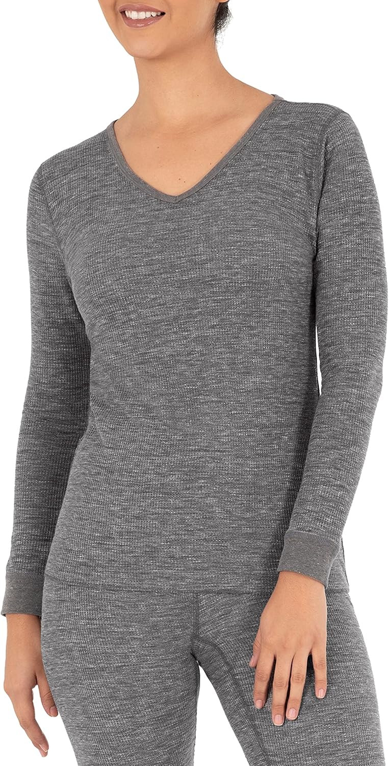 Women Micro Waffle Thermal V-Neck